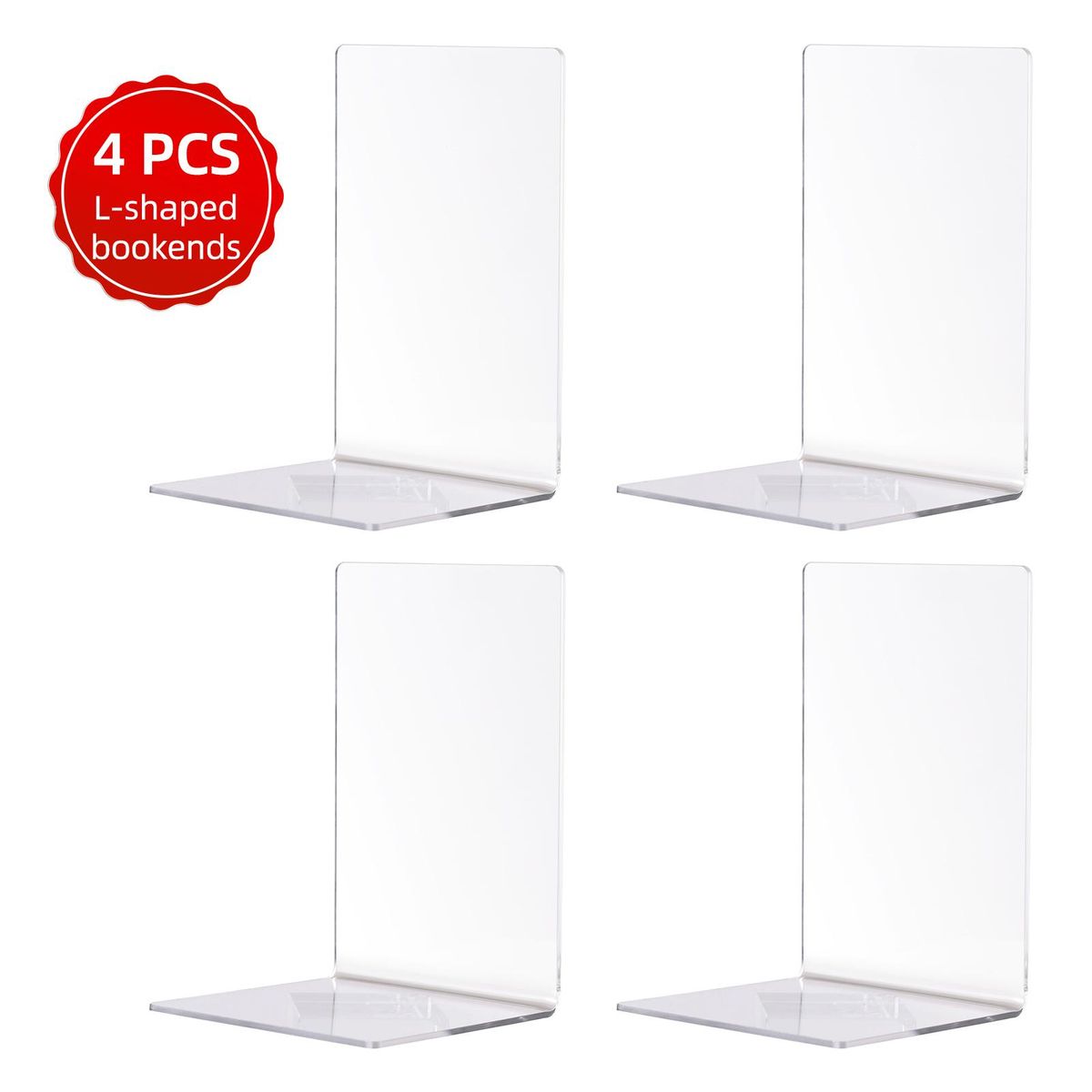 4Pcs Clear Acrylic Bookends L-shaped Desk Organizer Book Shelves Desktop Books Holder for CDs Magazines Video Games School Stationery Office Accessories