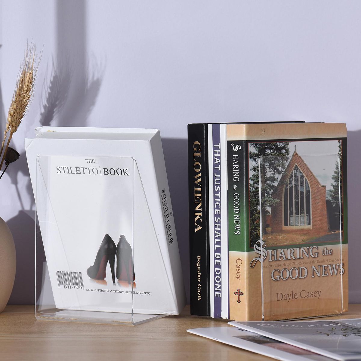 4Pcs Clear Acrylic Bookends L-shaped Desk Organizer Book Shelves Desktop Books Holder for CDs Magazines Video Games School Stationery Office Accessories