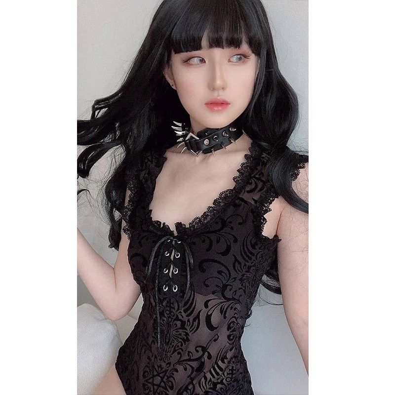 Women Sleeveless Jumpsuit Sheer Mesh Lace Gothic Lace Up