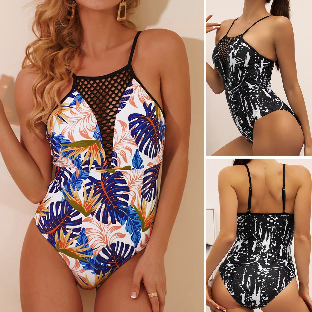 Women One Piece Swimsuit Deep V Neck Hollow Out Bathing