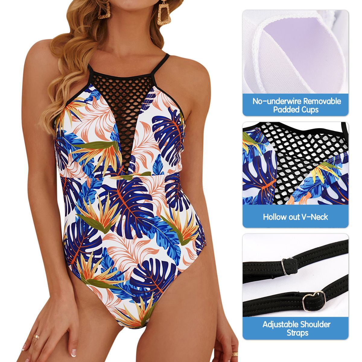 Women One Piece Swimsuit Deep V Neck Hollow Out Bathing