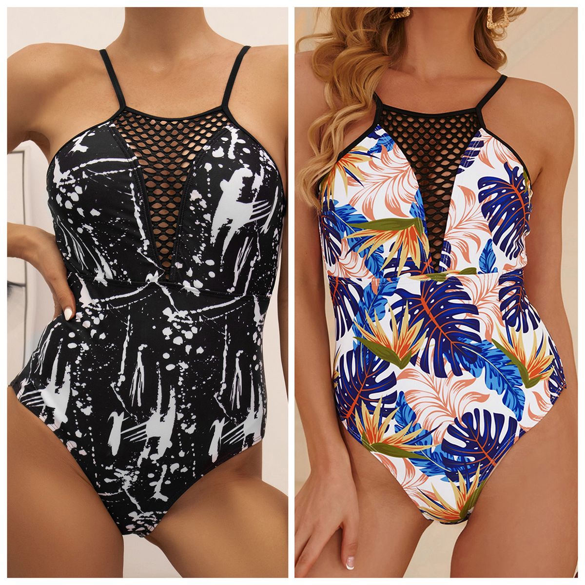 Women One Piece Swimsuit Deep V Neck Hollow Out Bathing