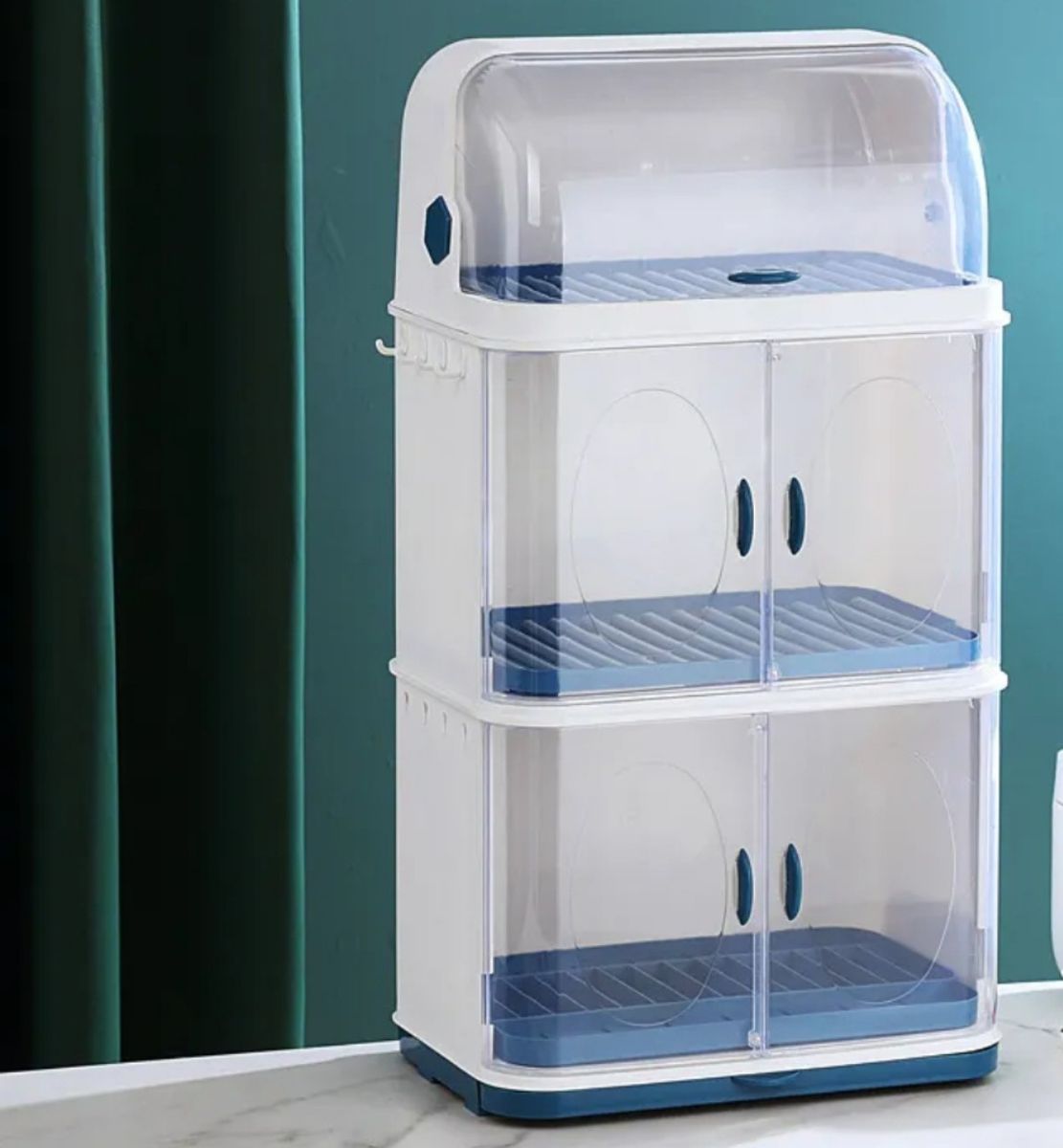 Three Layer Plate Rack With Cover Blue And White