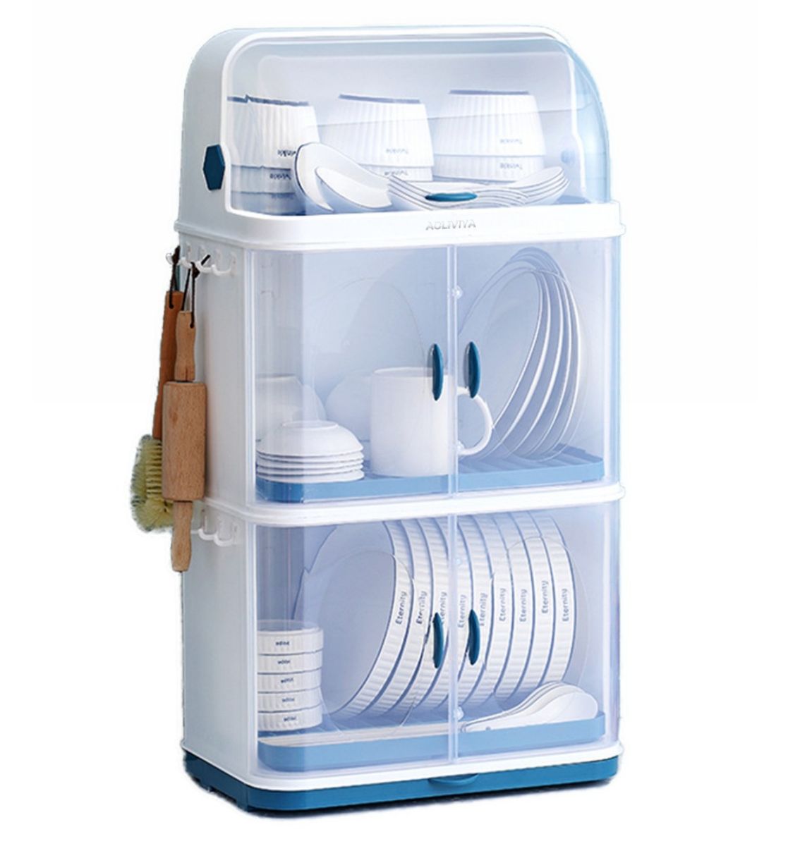 Three Layer Plate Rack With Cover Blue And White