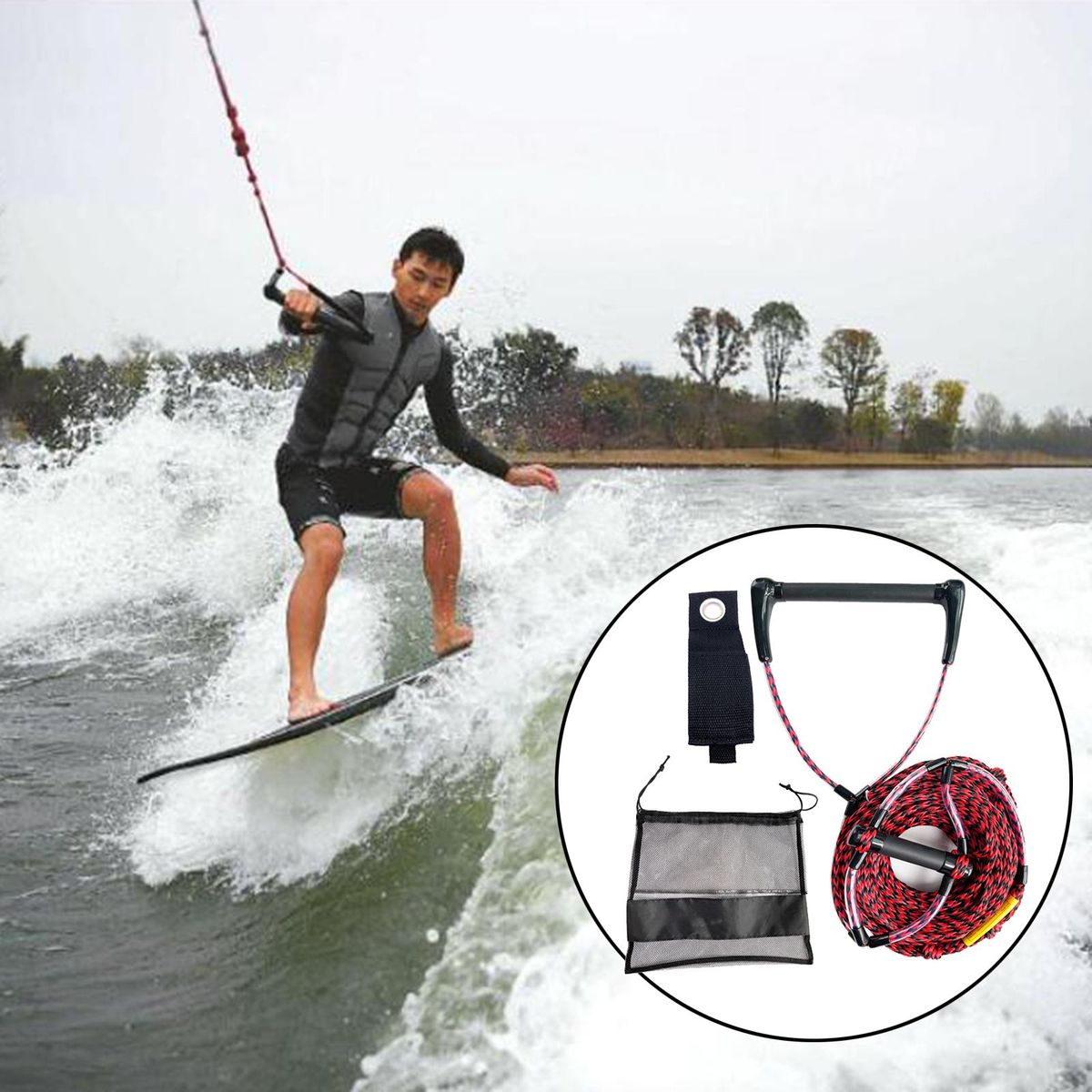 Water Ski Rope Kneeboard Floating Surf Rope Red Black 60ft