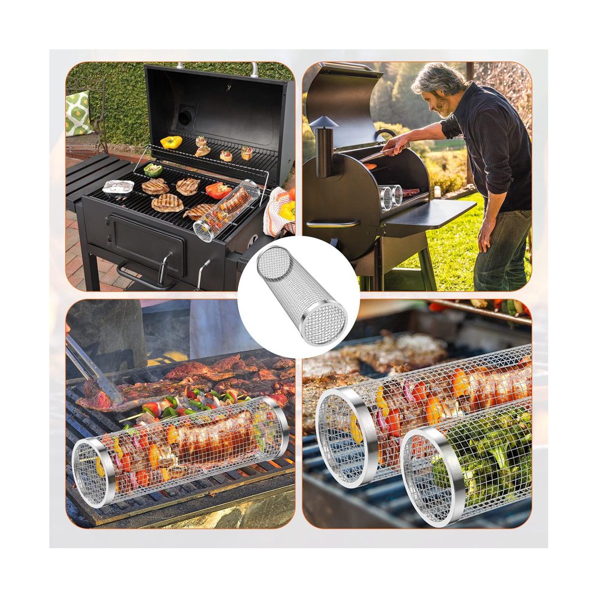 2 PCS BBQ Grill Basket Rolling Grilling Basket Stainless Steel Grill Mesh Barbeque Grill Portable Grill Baskets -A