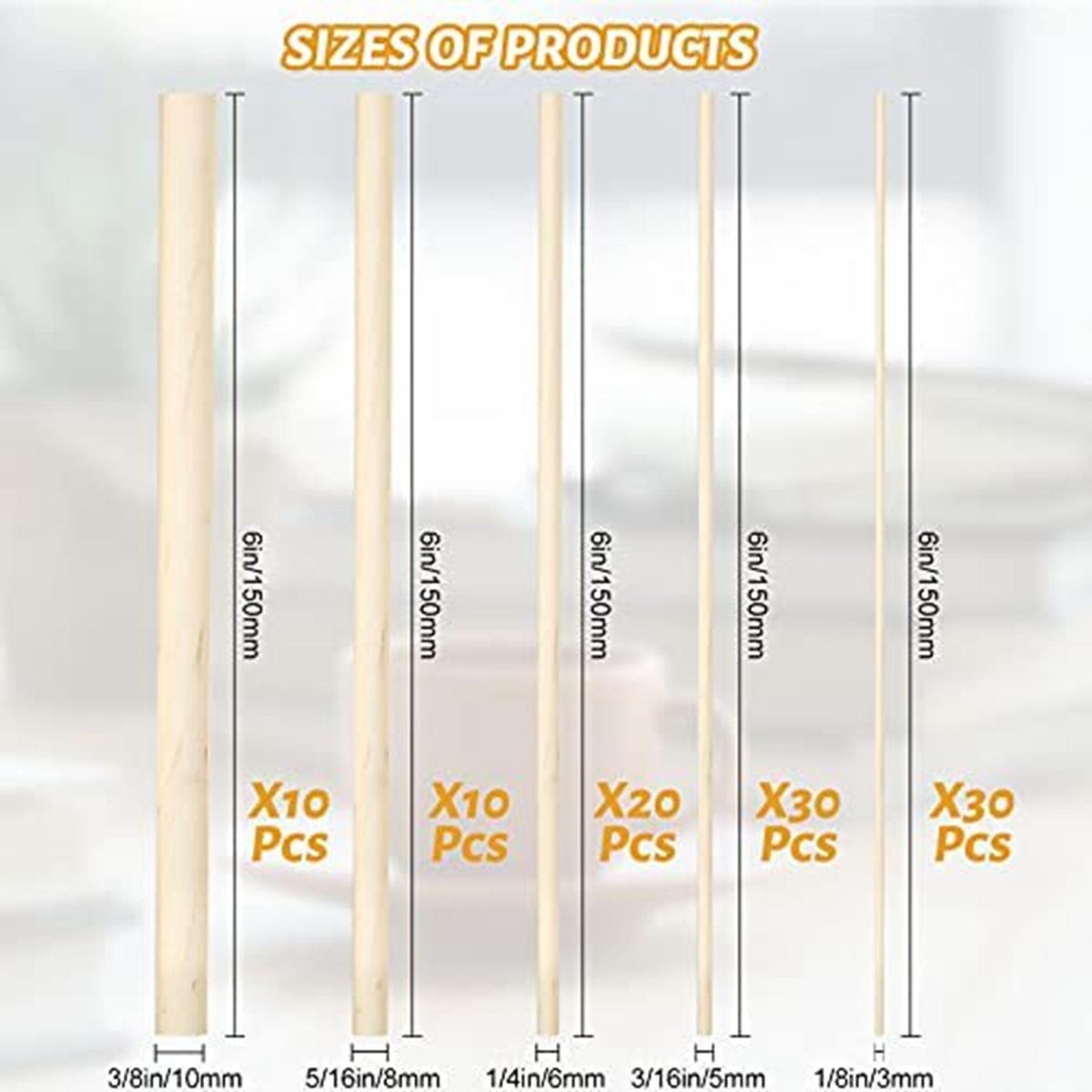 100 Pieces Dowel Rods Wooden Dowel Rod Craft Wood1/8,3/16,1/4,5/16,3/8X6Inch Sticks for Crafting DIY Wedding Ribbon Wand