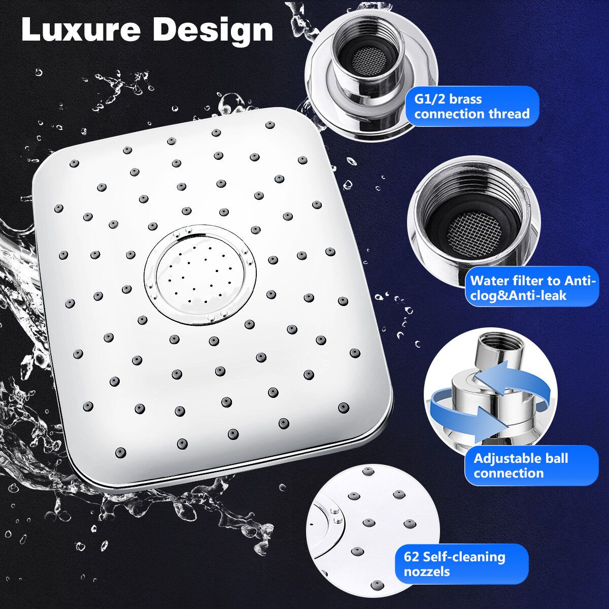 Square High Handheld Shower Head Fully Electroplated Shower Set Of 5 Water Saving Rainfall Handhel Spray Sprinkler Bathroom Accessories