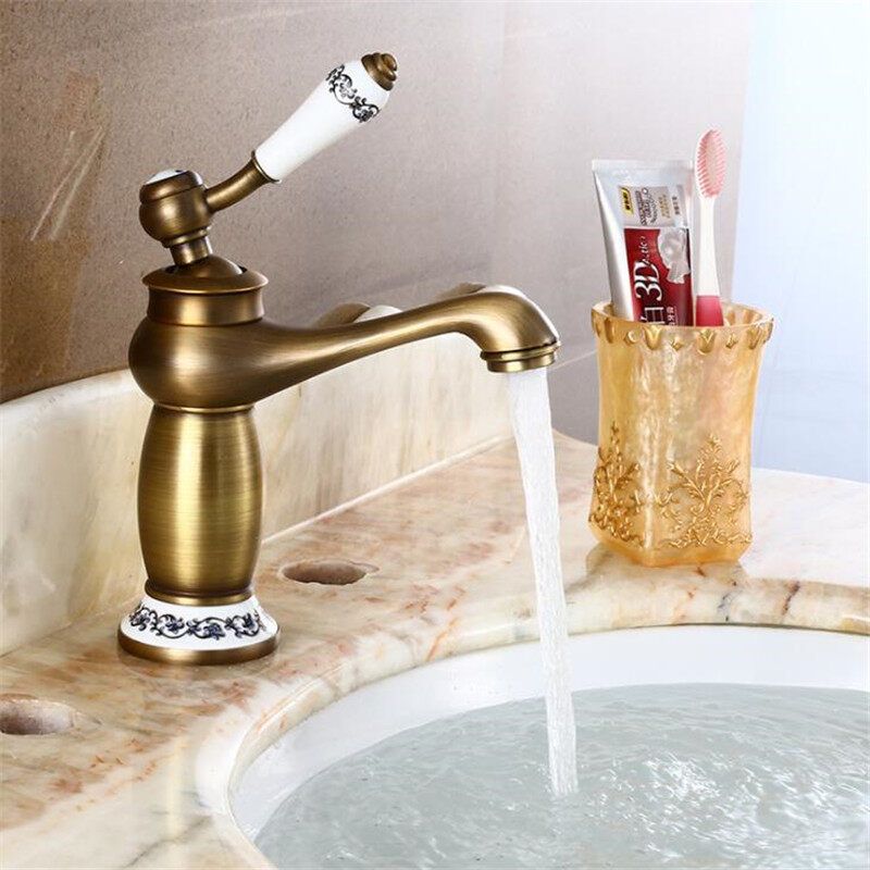 Antique Faucet Retro Style All Copper Basin Faucet Brushed Blue And White Porcelain Hot And Cold Double Bathroom Faucet Golden Faucet