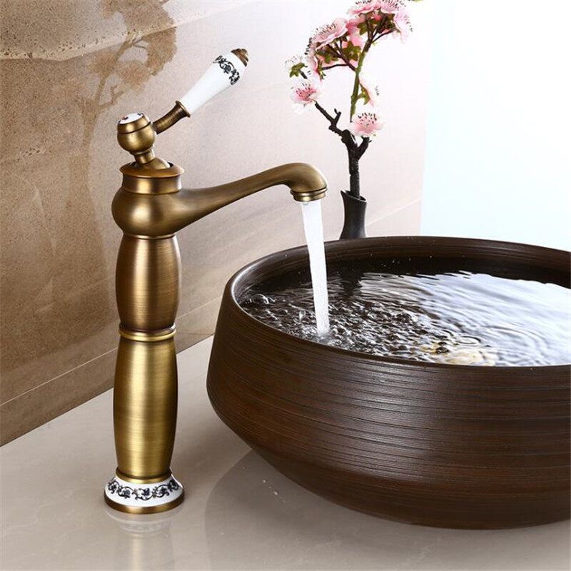 Antique Faucet Retro Style All Copper Basin Faucet Brushed Blue And White Porcelain Hot And Cold Double Bathroom Faucet Golden Faucet
