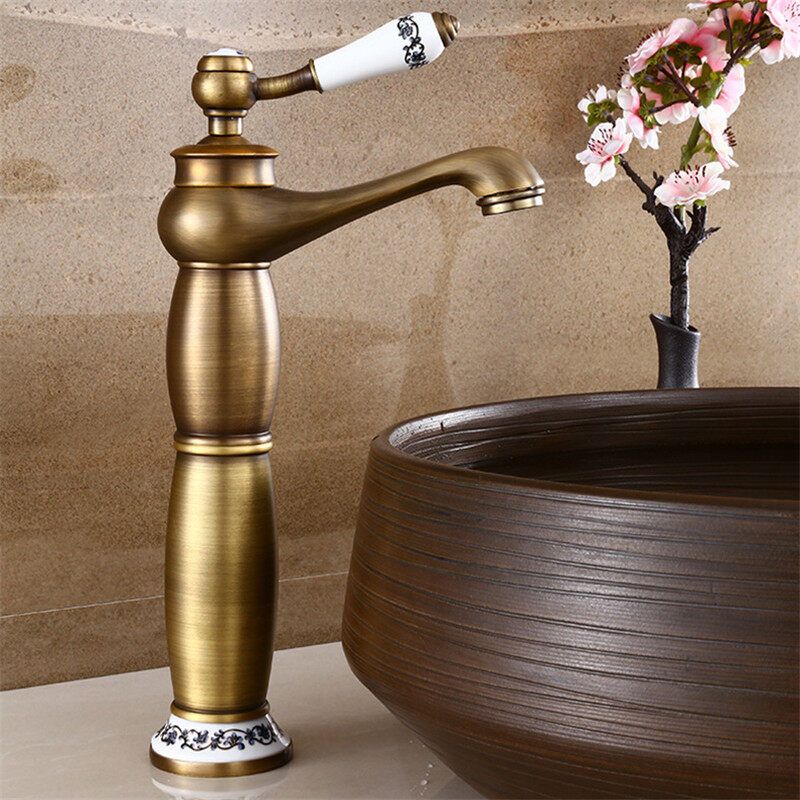 Antique Faucet Retro Style All Copper Basin Faucet Brushed Blue And White Porcelain Hot And Cold Double Bathroom Faucet Golden Faucet