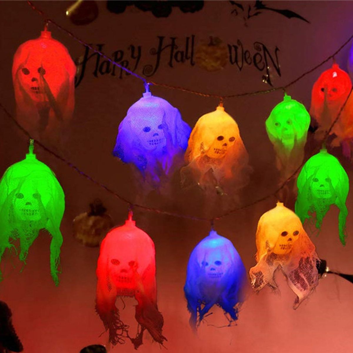 Luminous Illuminated LEDs Ghost Pendants Hangings Multicolor String Light Constant Bright Mode 2 * AA Cell Operated for Halloweens Decorations Outdoor Indoor Yard Tree Garden Party Home