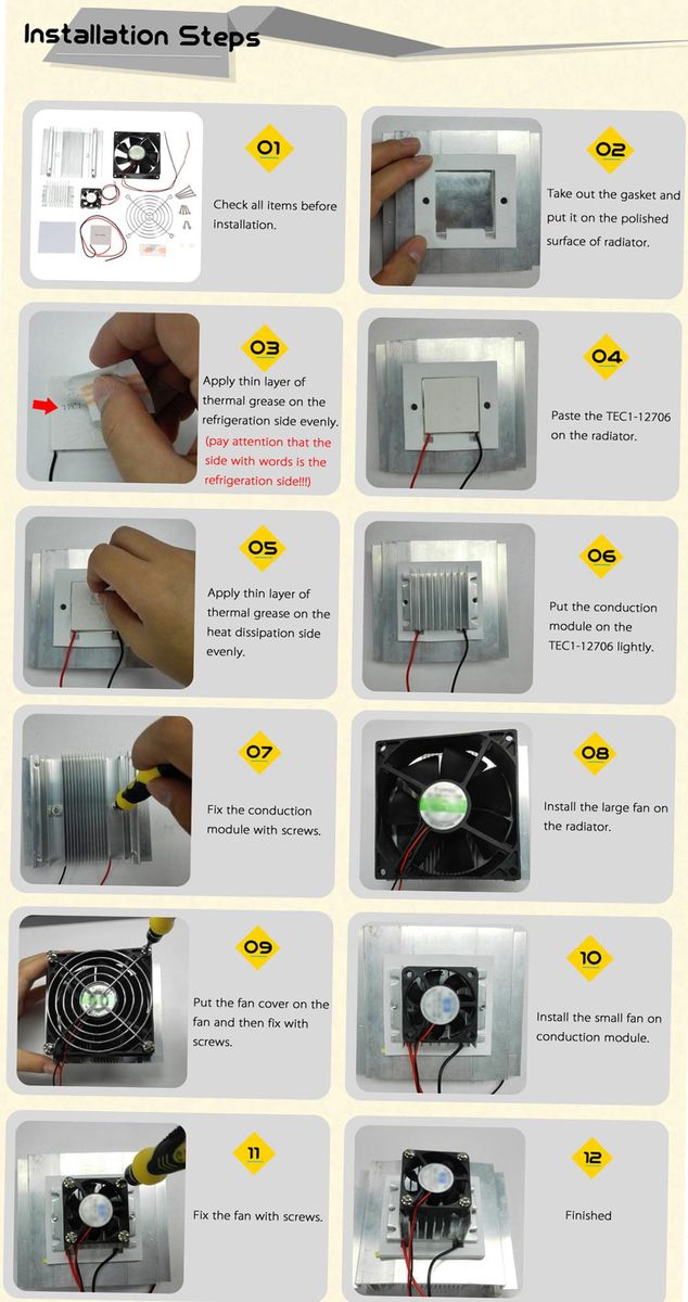 DIY Thermoelectric Peltier Refrigeration Cooling System Kit Semiconductor Cooler Conduction Module + Radiator + Cooling Fan + TEC1-12706