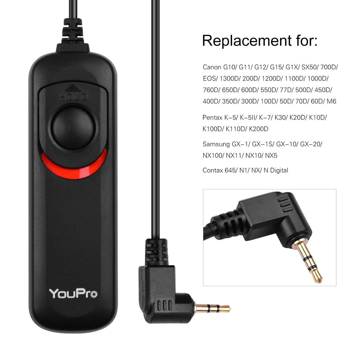 YouPro E3 Type Shutter Release Cable Timer Remote Control 1.2m/3.9ft Cable Replacement for Canon G10/ G11/ G12/ G15/ G1X/ SX50/ 700D/ EOS/ 1300D Pentax K-5/ K-5II/ K-7 Samsung GX-1/ GX-1S/ GX-10 Contax 645/ N1/ NX/ N Digital