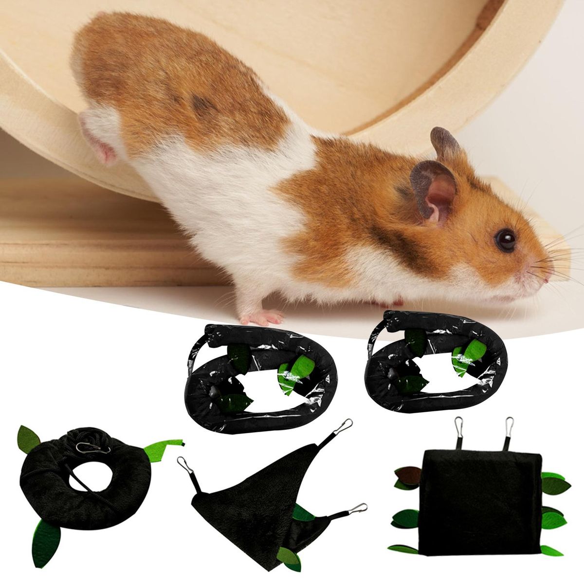 5Pcs Hamster Hammock Leaf Wood Design Small Animal Hammock Tunnel Black