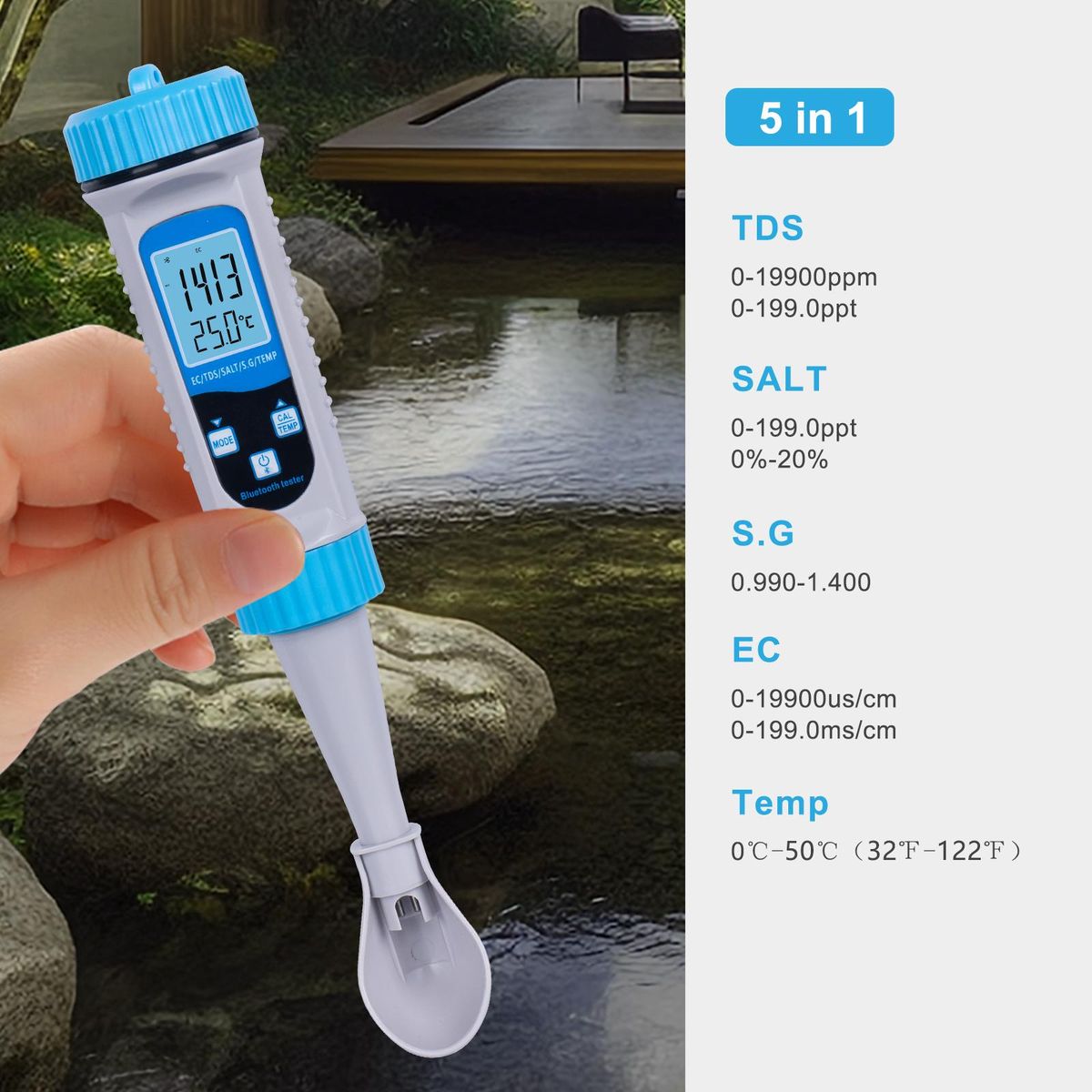 5 in 1 Water Quality Tester Pool Water Tester EC/TDS/SALT/S.G/Temp Tester Water Testing Detector with Backlight for Aquaculture Drinking Water Swimming Pool Aquarium