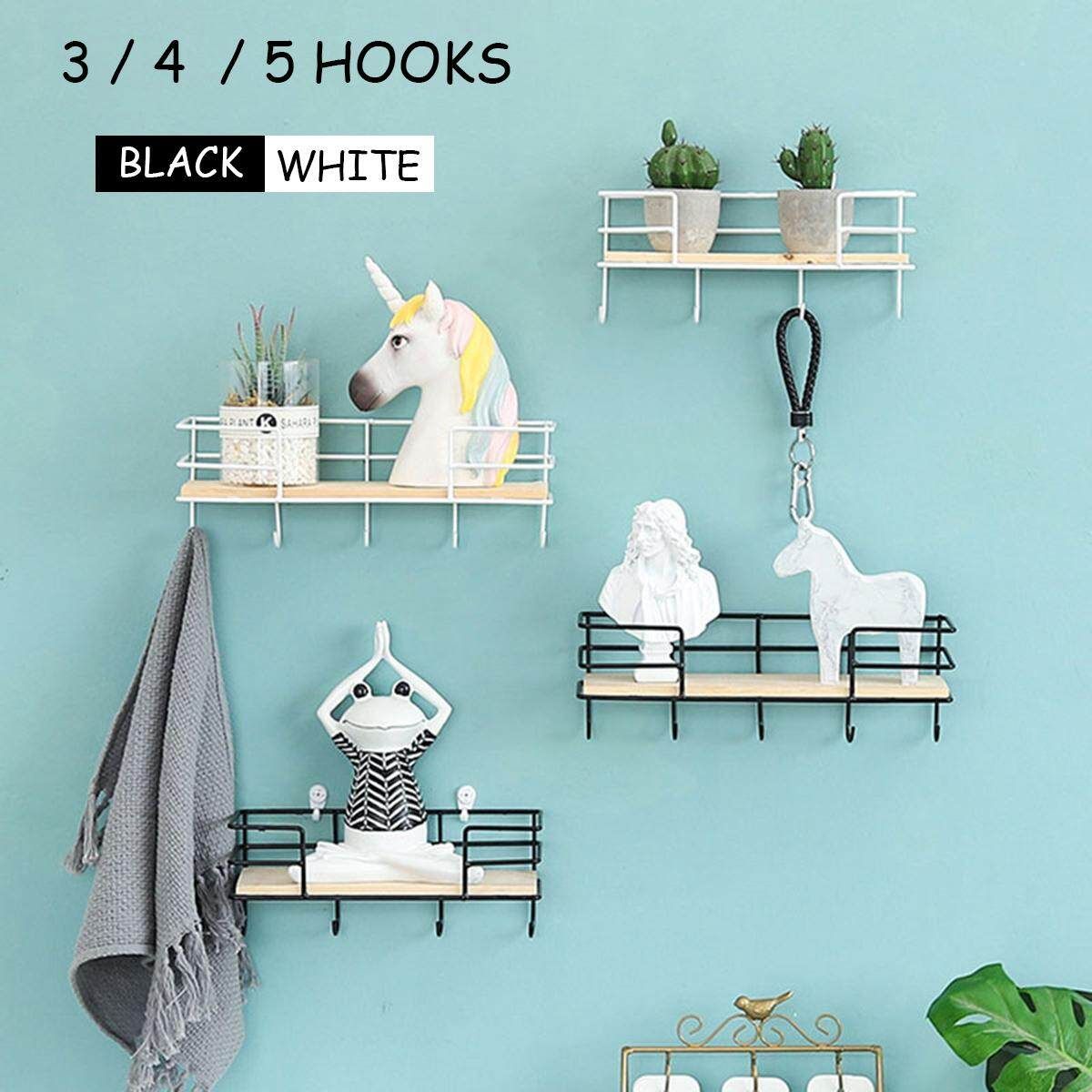 5 Hooks Modern Nordic-Style Mesh Grid Iron Art Rack Wall Mount Shelf Photo Display Stand Wugou White
