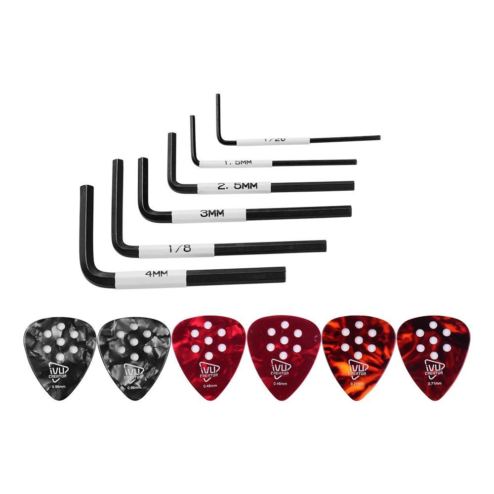 Handy Guitar Tool Kit Including 6pcs Allen Wrenches(1.5mm + 2.5mm + 3mm + 4mm + 1/20 inch + 1/8 inch) & 6pcs Non-slip Guitar Picks(0.46mm * 2 + 0.71mm * 2 +  0.96mm * 2) with Metal Storage Box