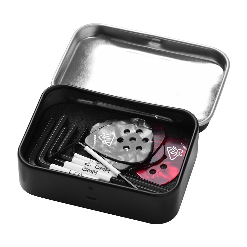 Handy Guitar Tool Kit Including 6pcs Allen Wrenches(1.5mm + 2.5mm + 3mm + 4mm + 1/20 inch + 1/8 inch) & 6pcs Non-slip Guitar Picks(0.46mm * 2 + 0.71mm * 2 +  0.96mm * 2) with Metal Storage Box