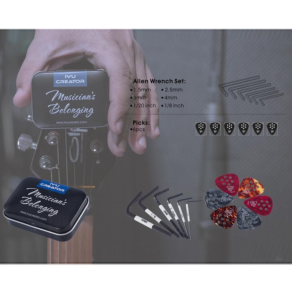 Handy Guitar Tool Kit Including 6pcs Allen Wrenches(1.5mm + 2.5mm + 3mm + 4mm + 1/20 inch + 1/8 inch) & 6pcs Non-slip Guitar Picks(0.46mm * 2 + 0.71mm * 2 +  0.96mm * 2) with Metal Storage Box