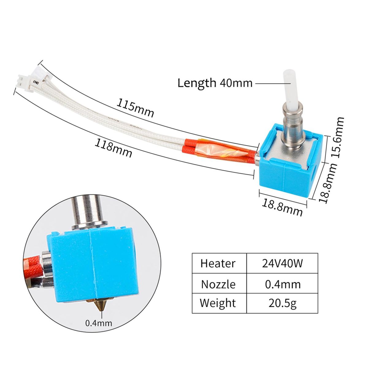 Kobra Hotend 24V40W for 3D Printer Replacement Compatible with Anycubic Kobra 3D Printer with Brass Nozzle and Aluminum Heat Block Head Extruder 0.4mm Nozzle Suitable for 1.75mm Filaments