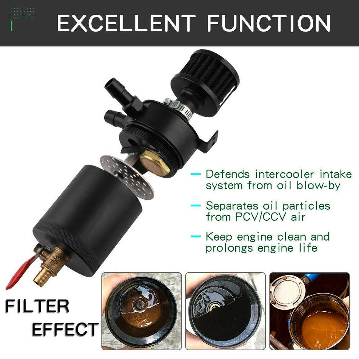 2 Port Baffled Oil Catch Can Tank Pot With Drain Valve Breather Filter Universal