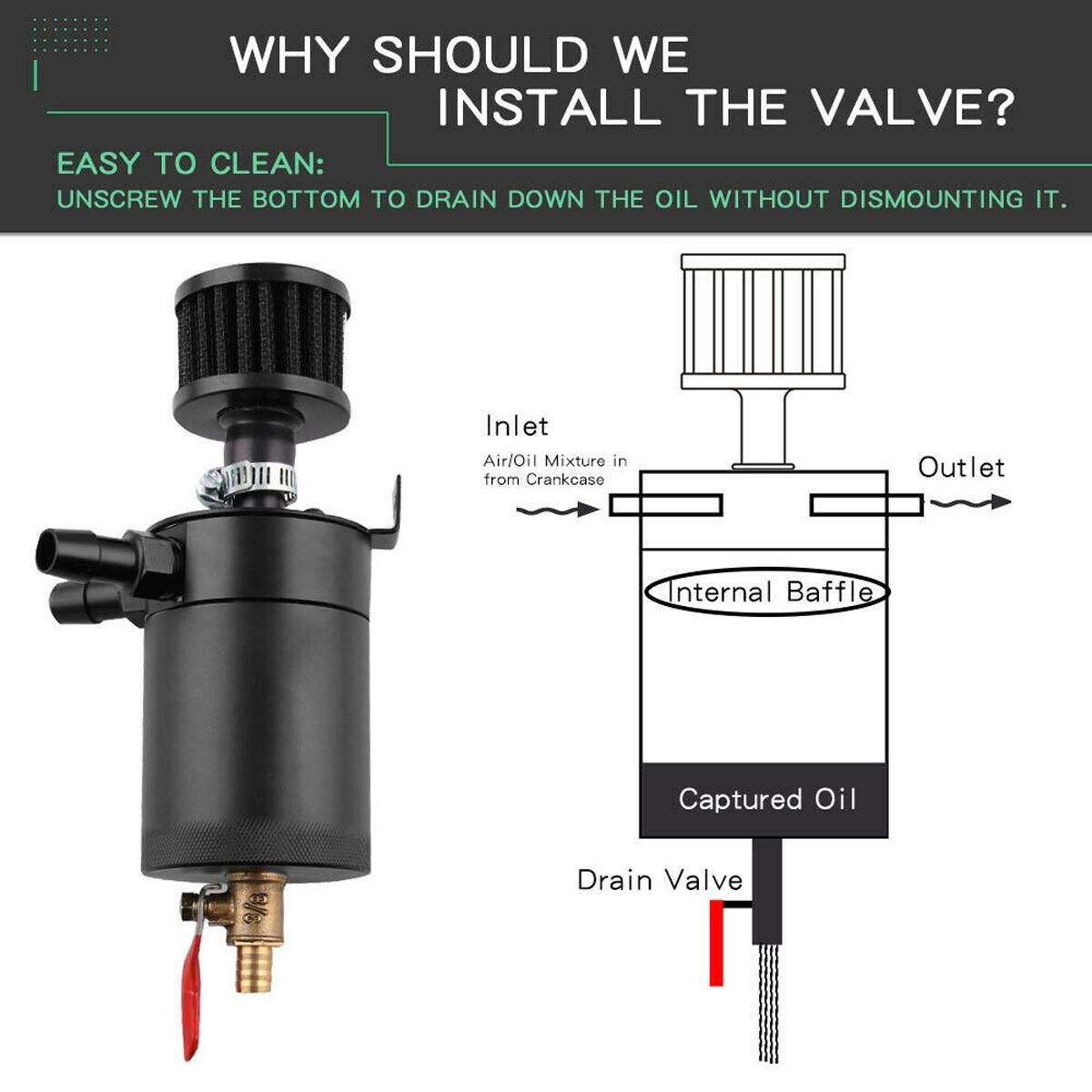 2 Port Baffled Oil Catch Can Tank Pot With Drain Valve Breather Filter Universal
