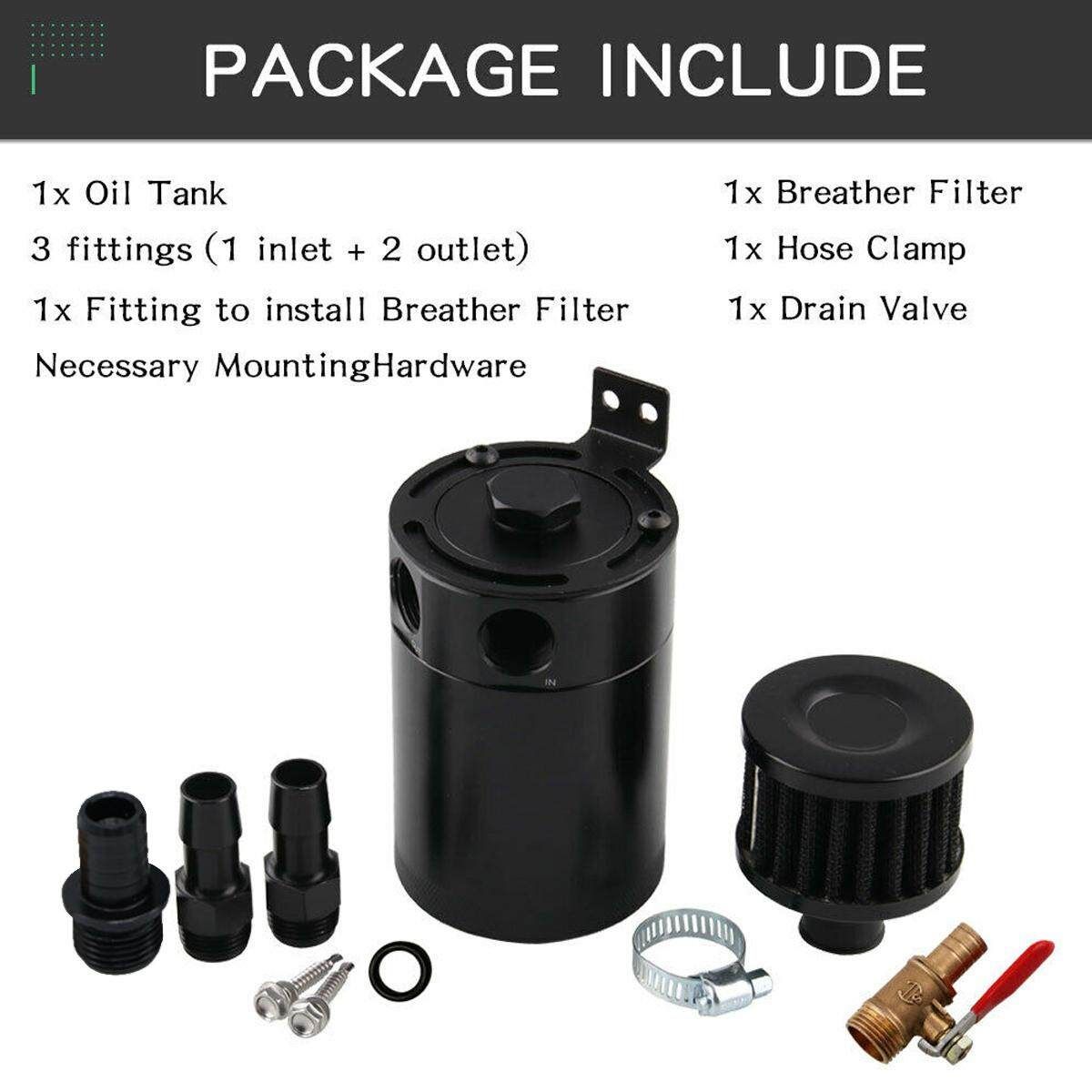 2 Port Baffled Oil Catch Can Tank Pot With Drain Valve Breather Filter Universal