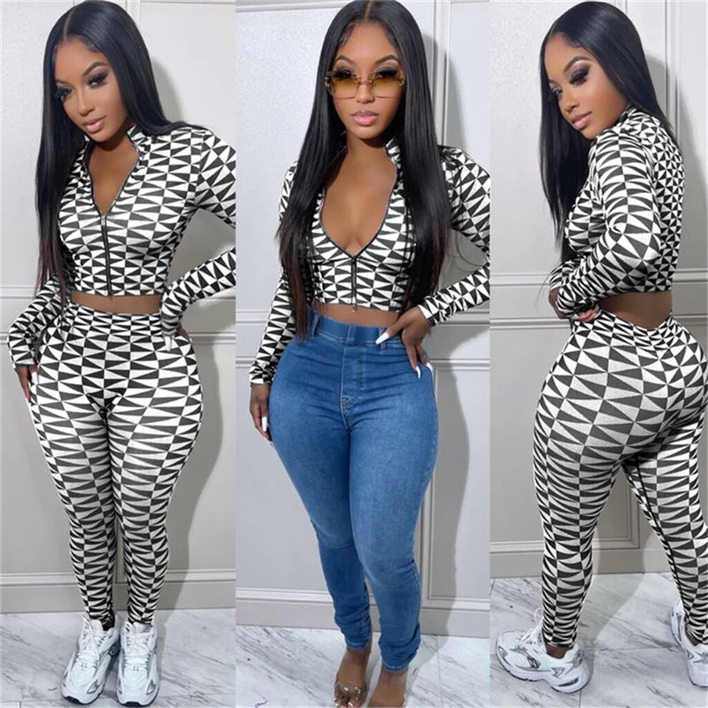 Two Piece Set Women Skinny Mock Neck Zipper Bare Midriff Top+ Pencil Pants