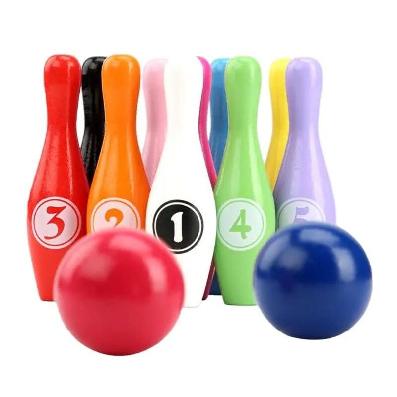 12pcs/set Wooden Color Bowling Set 10 Pins 2 Ball Bowling Game for Kids Indoor