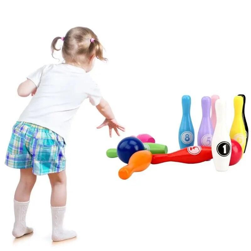 12pcs/set Wooden Color Bowling Set 10 Pins 2 Ball Bowling Game for Kids Indoor
