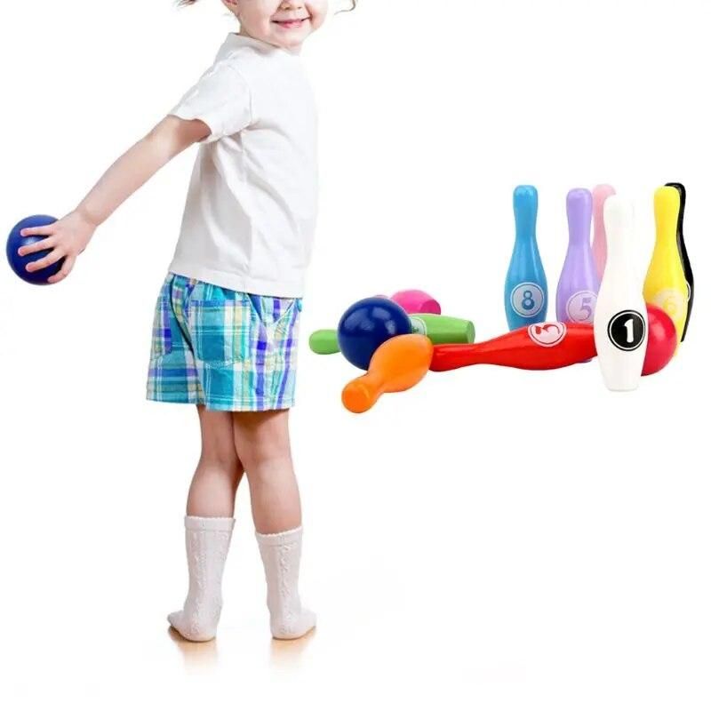 12pcs/set Wooden Color Bowling Set 10 Pins 2 Ball Bowling Game for Kids Indoor