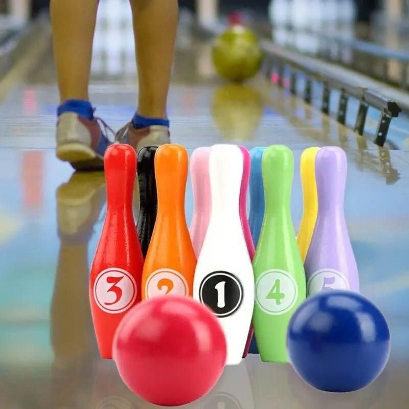12pcs/set Wooden Color Bowling Set 10 Pins 2 Ball Bowling Game for Kids Indoor