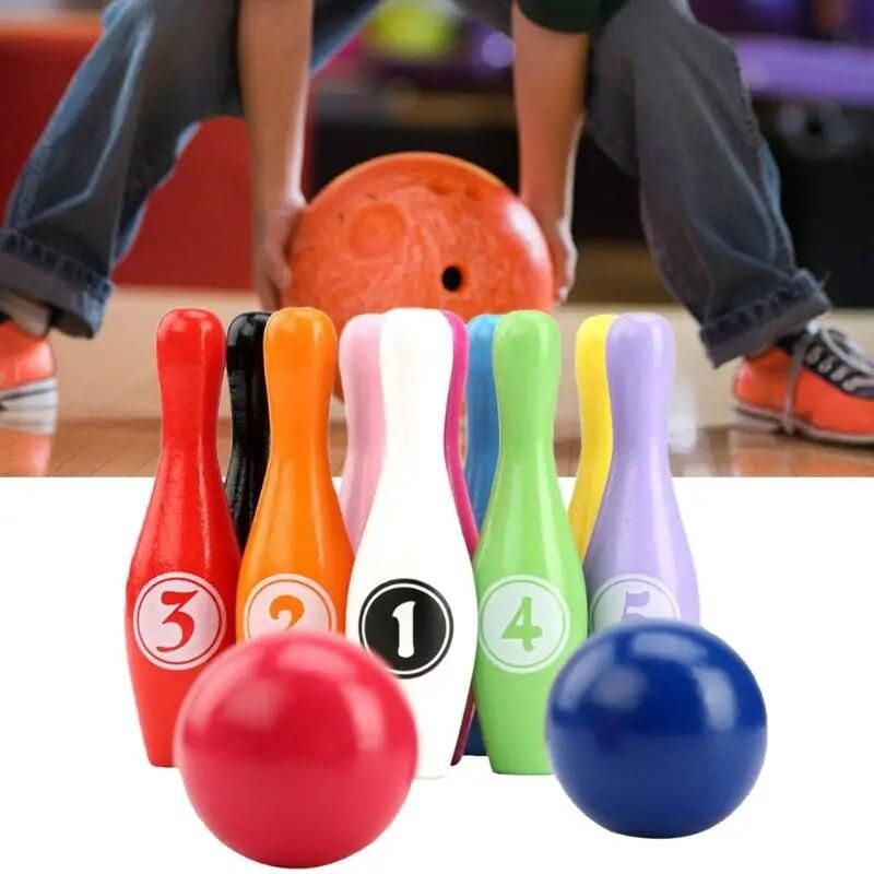 12pcs/set Wooden Color Bowling Set 10 Pins 2 Ball Bowling Game for Kids Indoor