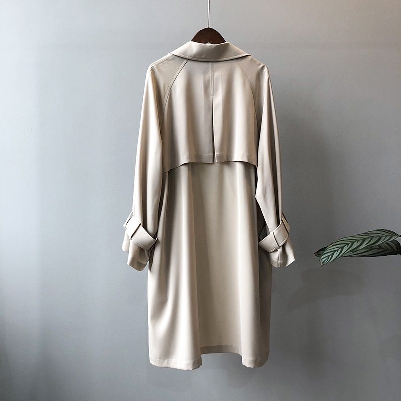 Ladies Long Loose Solid Color Windbreaker Jacket - Apricot