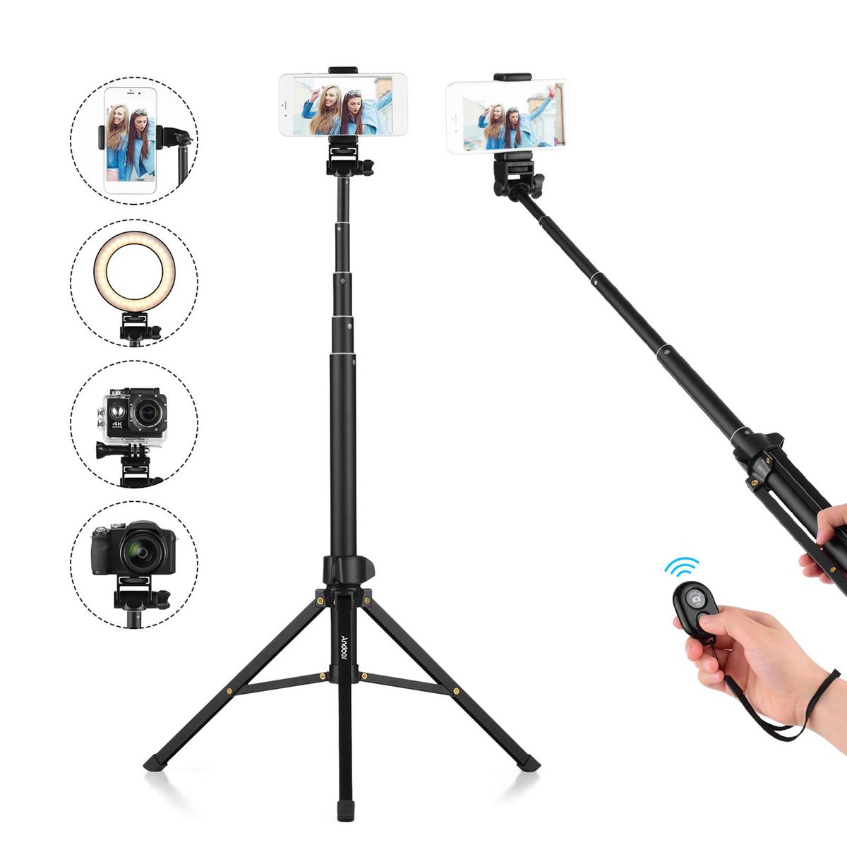 Andoer 1.5m/59in 2-in-1 Tripod Stand + Extendable Selfie Stick Aluminum Alloy with Phone Holder Remote Shutter Compatible with iPhone Android Phones for Selfie Group Photo Live Streaming