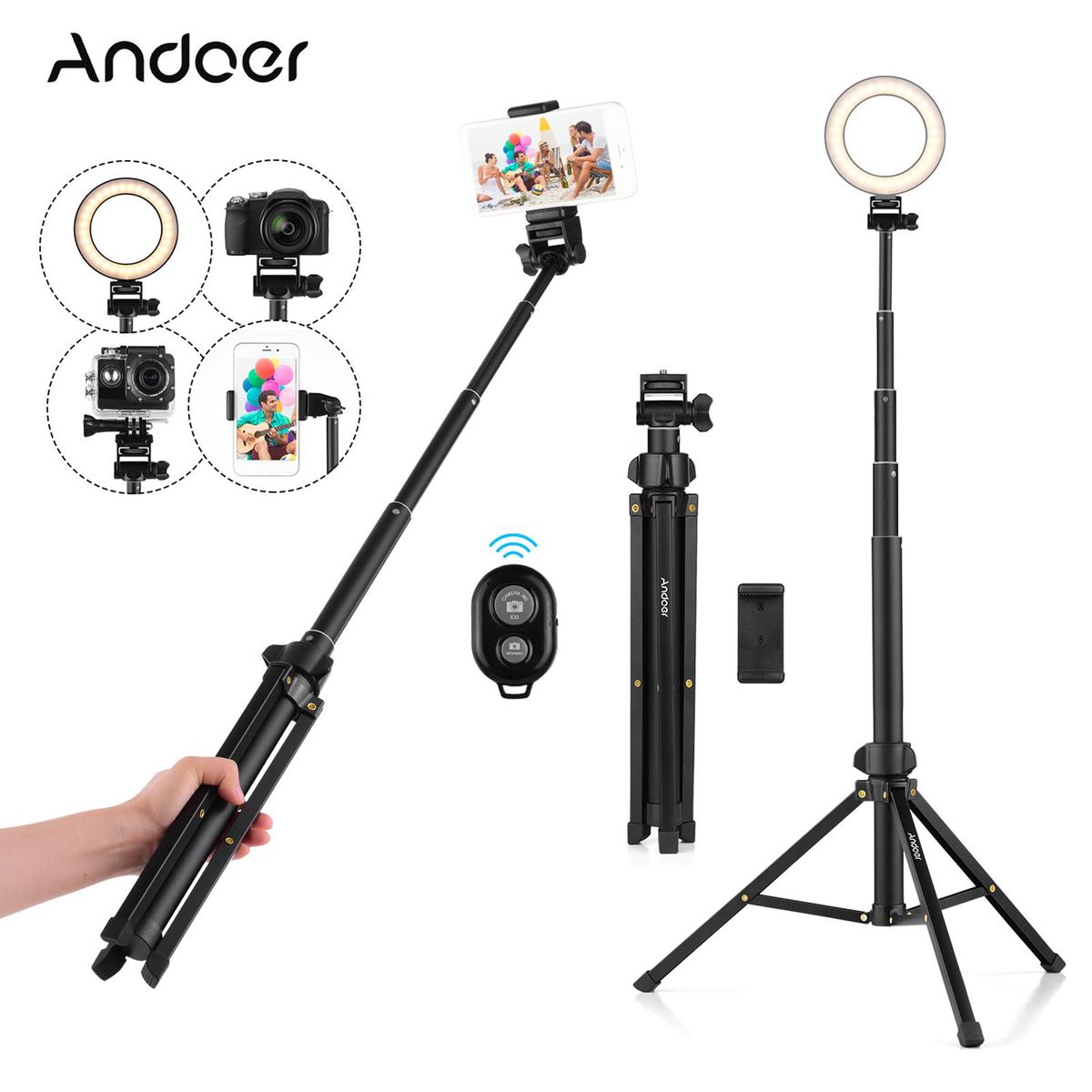 Andoer 1.5m/59in 2-in-1 Tripod Stand + Extendable Selfie Stick Aluminum Alloy with Phone Holder Remote Shutter Compatible with iPhone Android Phones for Selfie Group Photo Live Streaming