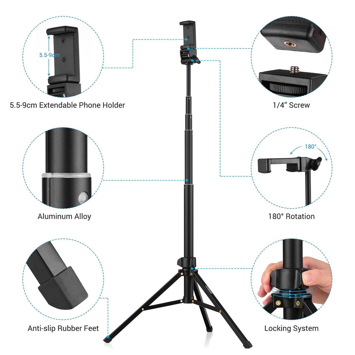 Andoer 1.5m/59in 2-in-1 Tripod Stand + Extendable Selfie Stick Aluminum Alloy with Phone Holder Remote Shutter Compatible with iPhone Android Phones for Selfie Group Photo Live Streaming
