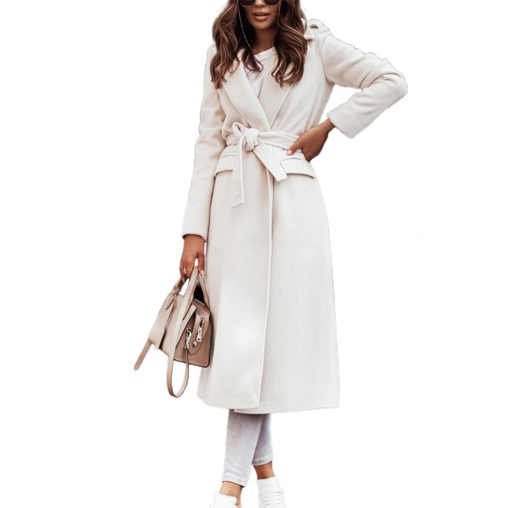 Autumn Winter Women Oversize Coat Ladies Long Coat Solid Color Belt Turndown Collar Split Hem Long Coat Office Lady Streetwear