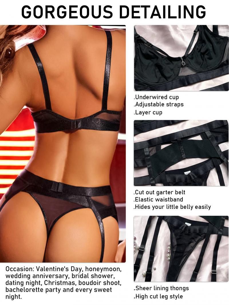 Strappy Sexy Lingerie Set for Women with Thigh Cuffs 4 Piece Black