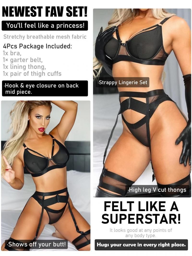 Strappy Sexy Lingerie Set for Women with Thigh Cuffs 4 Piece Black