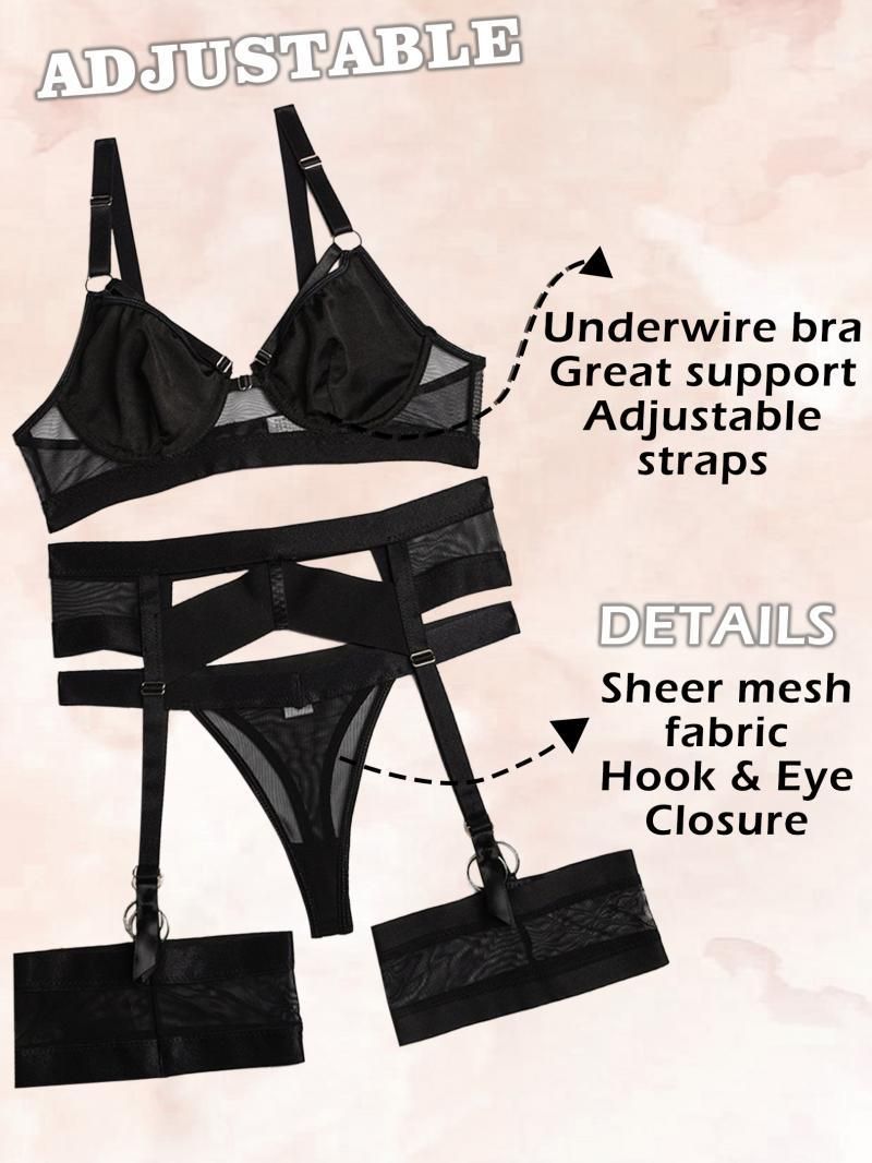 Strappy Sexy Lingerie Set for Women with Thigh Cuffs 4 Piece Black