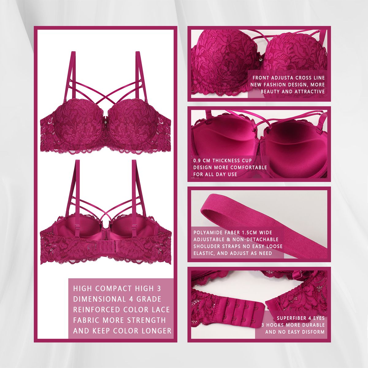 Half Cup Floral Lace Front Cross Line Bra For Women