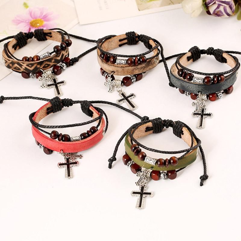 Vintage The Cross Pendant Multilayer Beads Faux-Dark Brown