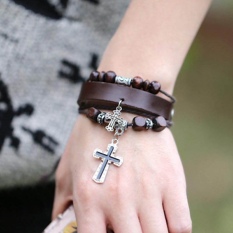 Vintage The Cross Pendant Multilayer Beads Faux-Dark Brown