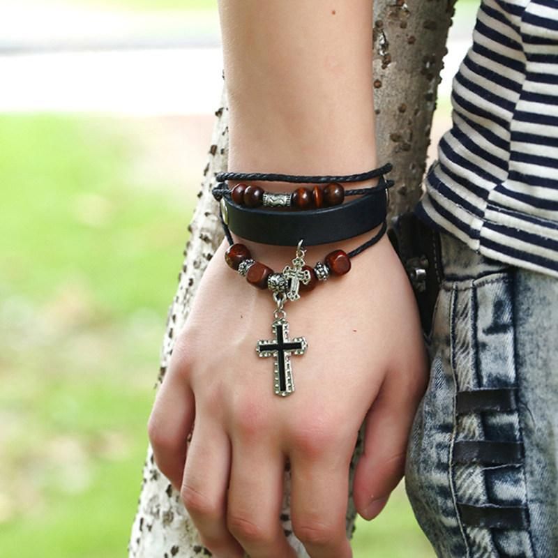 Vintage The Cross Pendant Multilayer Beads Faux-Dark Brown