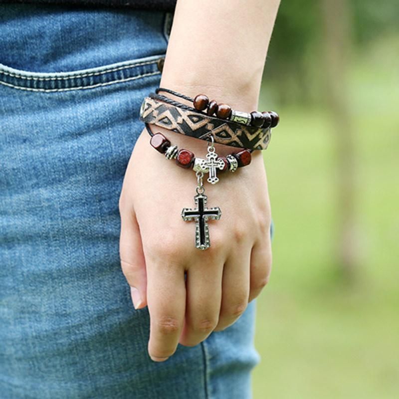 Vintage The Cross Pendant Multilayer Beads Faux-Dark Brown