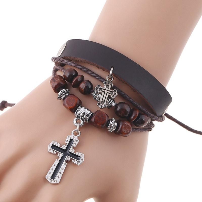 Vintage The Cross Pendant Multilayer Beads Faux-Dark Brown
