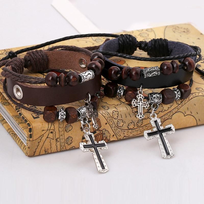 Vintage The Cross Pendant Multilayer Beads Faux-Dark Brown