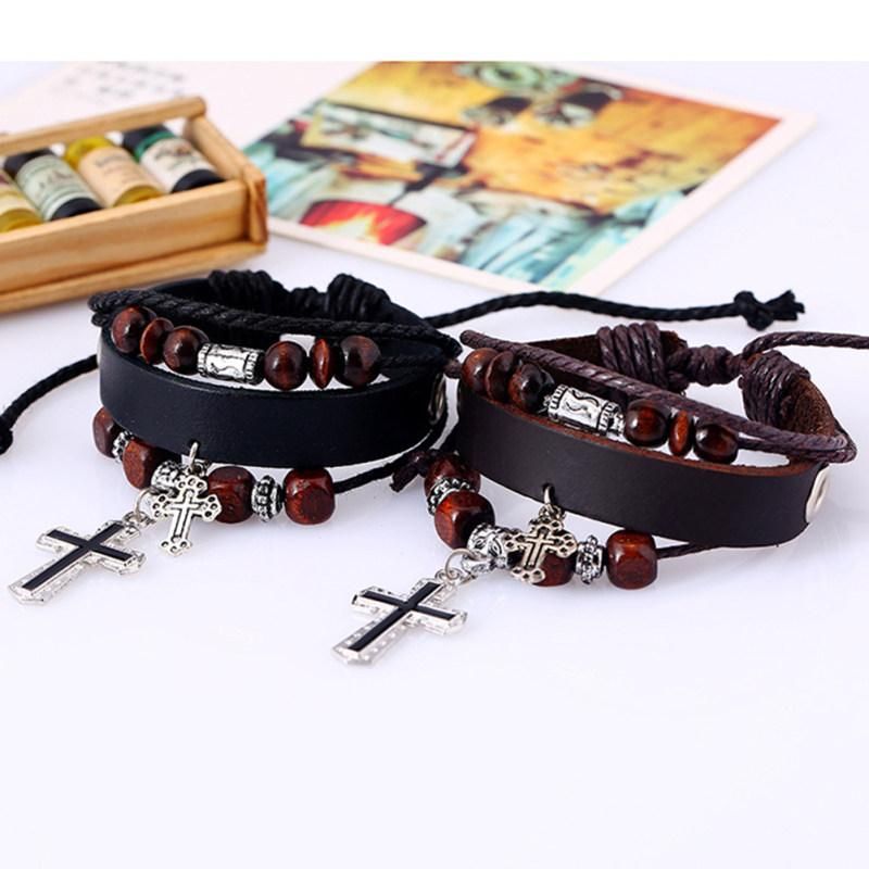 Vintage The Cross Pendant Multilayer Beads Faux-Dark Brown